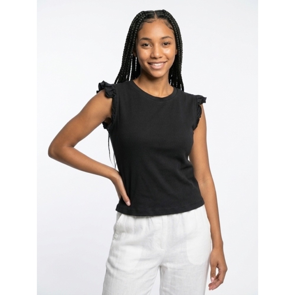 Japna Ruffle short Sleeve Top Women Large Black Excellent Ribbed Knit Cotton